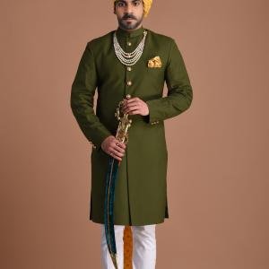 Battle Green Color Maharaja Style Achkan | Regal Ethnic Wear | Jaipurio